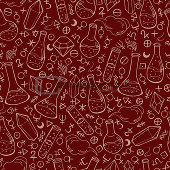 Seamless pattern with flasks and alchemy symbols