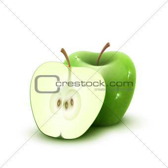 Green apple with water drops, isolated on white background.