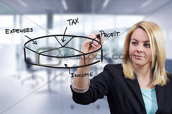 Business woman drawing 3D pie chart at office