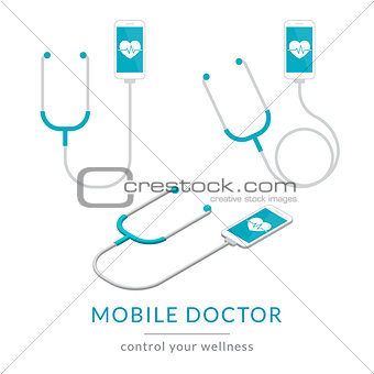 Digital health flat modern illustration of mobile medicine with smartphone and stethoscope