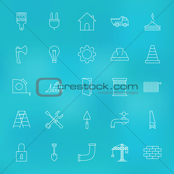 Construction Tools Line Icons Set over Blurred Background