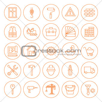 Line Circle Building and Construction Icons Set