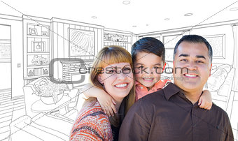 Young Mixed Race Family Over Living Room Drawing On White