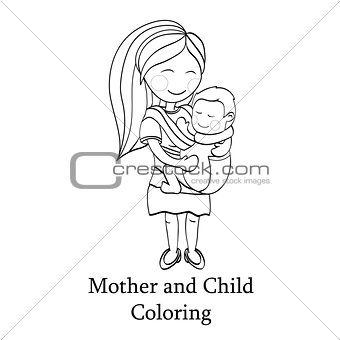 Happy cartoon characters, mother carrying a child using a handy baby carrier