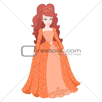 Gorgeous princess in shining peach dress with spangles