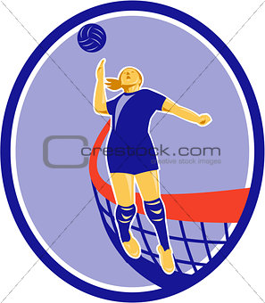 Volleyball Player Spiking Ball Oval Retro