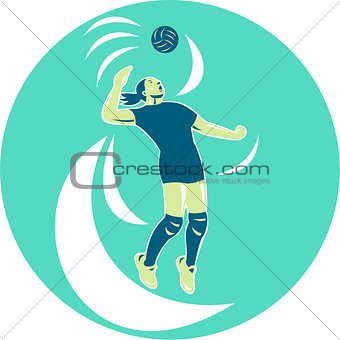Volleyball Player Spiking High Circle Retro