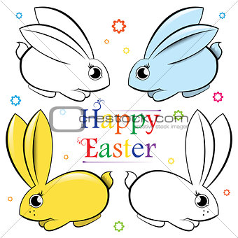 Easter. Vector set of rabbits. Contour and painted