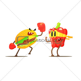 Hamburger Against Pepper Cartoon Fight