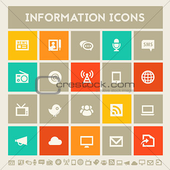 Information icon set. Multicolored square flat buttons