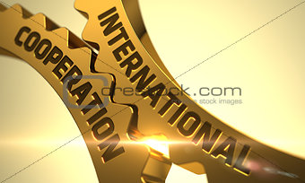 International Cooperation Concept. Golden Metallic Gears.