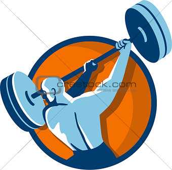Weightlifter Swinging Barbell Back View Circle Retro