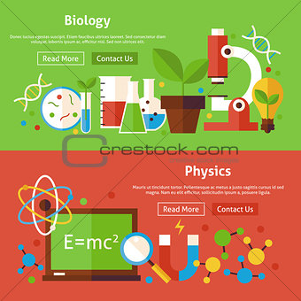 Biology and Physics Science Flat Website Banners Set