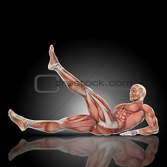3D render of a medical figure with muscle map in leg raise pose