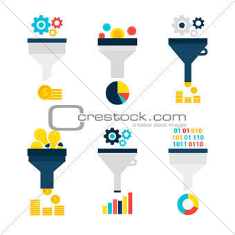 Funnel Chart Flat Objects Set isolated over White