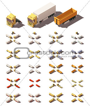 Vector isometric trucks with semi-trailers icon set