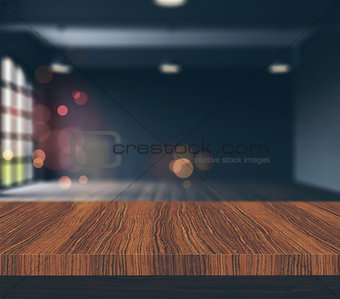 3D wooden table looking to a defocussed empty room with vintage 