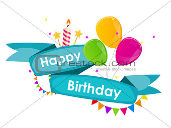Happy Birthday Background with Ribbon, Balloons, Flags and Candl