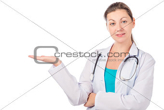pretty girl in clothes of doctor holding his hand isolated