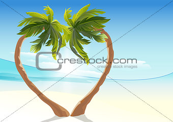 Two tropical palm curved into heart shape. Heart symbol of love