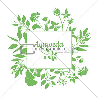 Green square frame with collection of ayurveda plants. Silhouette of branches isolated on white background