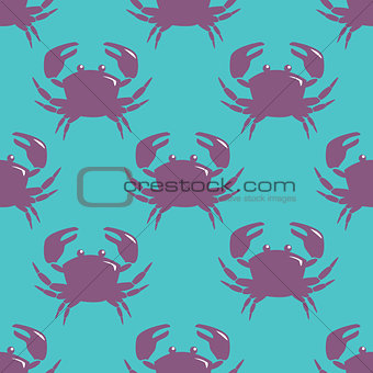 Seamless pattern with violet crab on blue background.