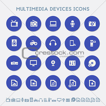 Multimedia devices icon set. Material circle buttons