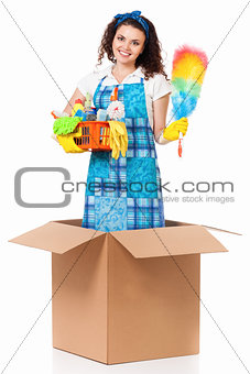 Housewife in cardboard box