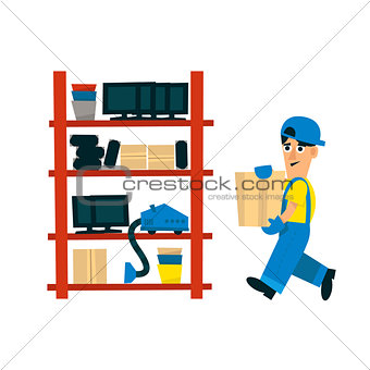 Worker Bringing Box To Store On The Shelf