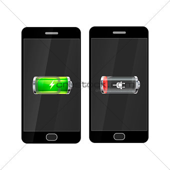 Black smartphones with full and empty glossy battery icons on white
