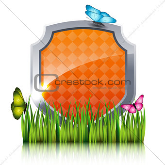 Orange shield with flying butterflies by the grass.