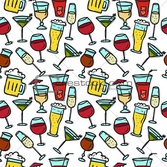 Vector doodle drinks seamless pattern. Beverages bright background.