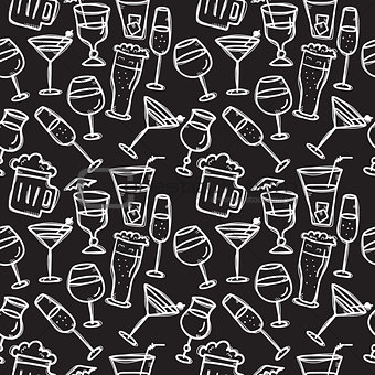 Vector doodle drinks seamless pattern. Beverages chalkboard background.
