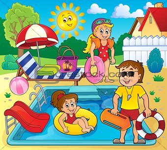 Children and life guard by pool