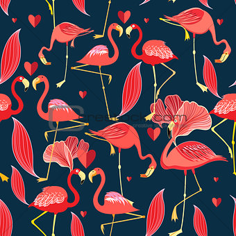 Graphic seamless pattern of red flamingo