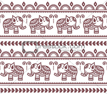 Mehndi, Indian Henna tattoo seamless pattern with elephants