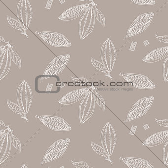 Cocoa beans outline seamless pattern. Chocolate taupe background.