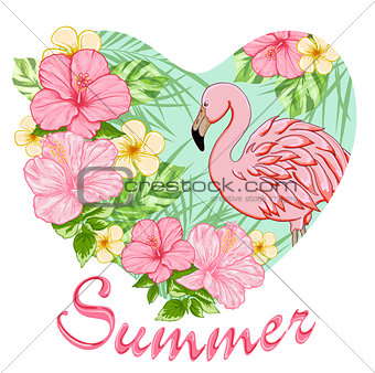Pink tropical flowers and flamingo