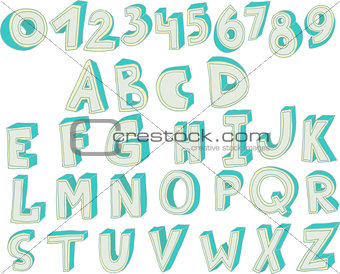 3D font. Big colorful letters standing. Vector font