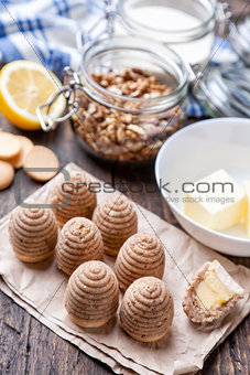 Traditional bee nest cake on wooden background