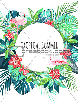Bright hawaiian design with flamingos, tropical plants and hibiscus flowers