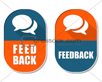 feedback and speech bubbles signs, two elliptical labels