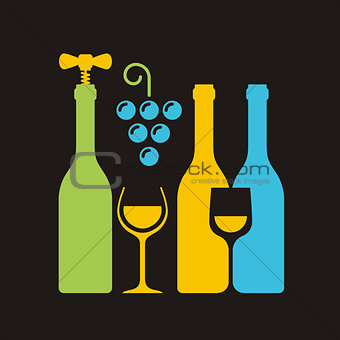 Row of wine bottles with corkscrew, wineglass and bunch of grape