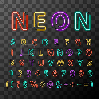 Colorful realistic neon letters, full latin alphabet on transparent background