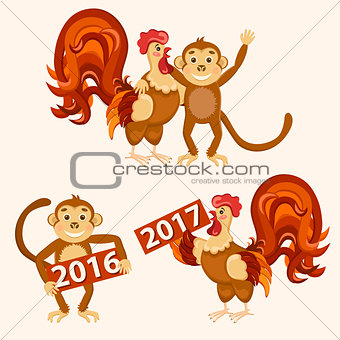 Cock with monkey set. Vector illustration.