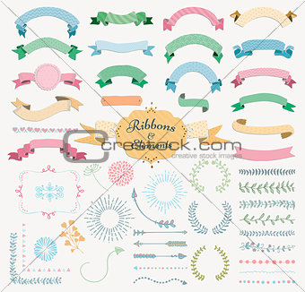 Vector Colorful Hand Drawn Design Elements and Ribbon Set