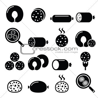 Black pudding sausage, haggis, white pudding icons set