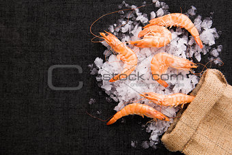 Fresh shrimp on ice on burlap bag. 