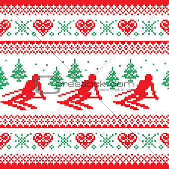 Christmas, winter red and green seamless pattern - man skiing in mountains