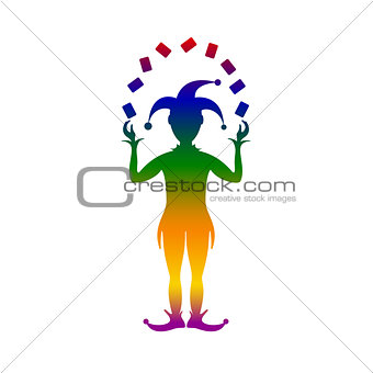 Silhouette of joker playing with cards in different colors